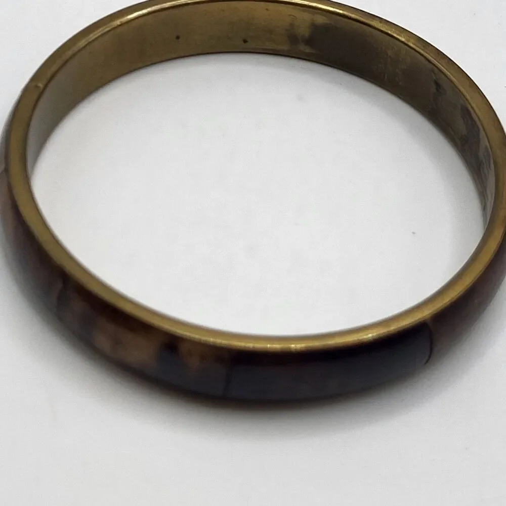 Vintage 70s Wood Inset Brass Bamgle Bracelet 2.6in dia Bohemian